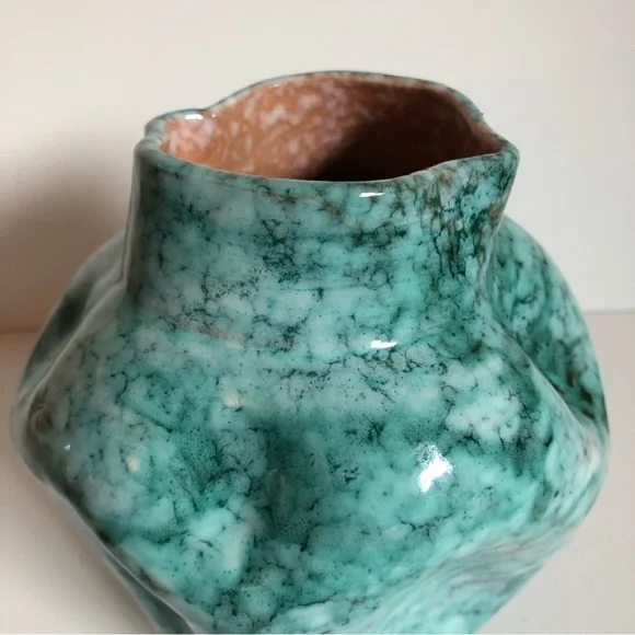 Vintage MCM Made in Italy pottery vase marbled aqua pinched organic midcentury - Picture 5 of 12